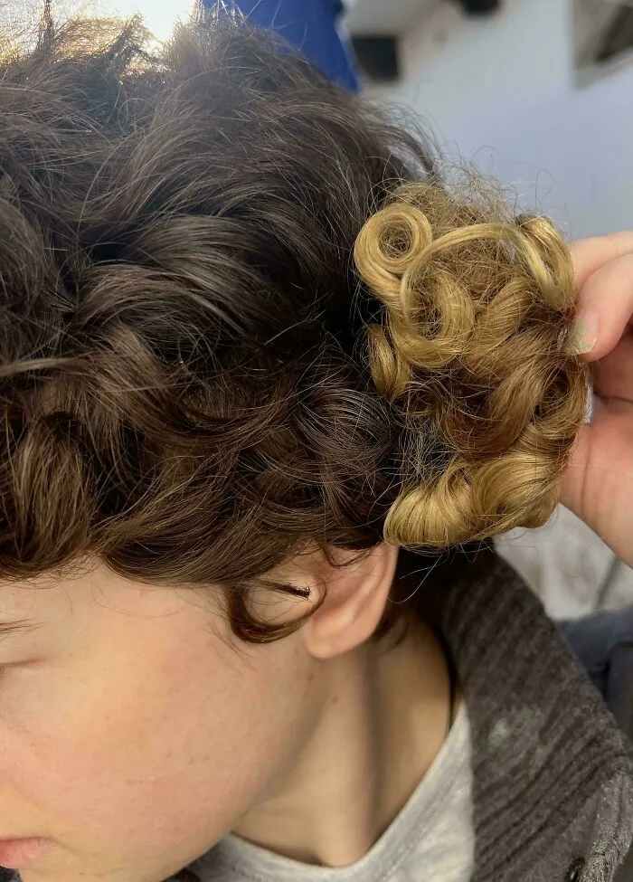 A person showcasing a unique feature of human anatomy with a natural lock of blonde hair among dark hair.