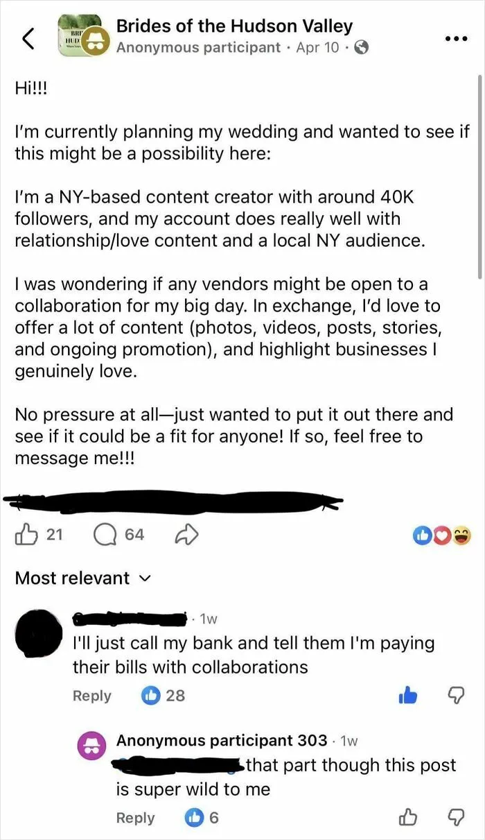 “Influencer” Bride Wants Free Wedding In Exchange For “Exposure”