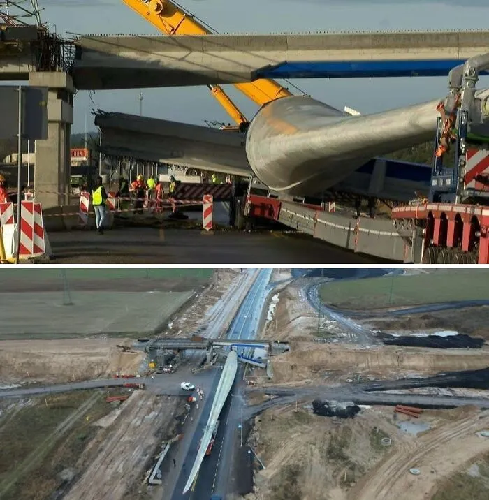 A massive wind turbine blade crashed under a bridge, highlighting expensive accidents.