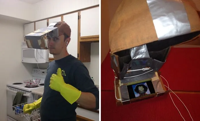 Redneck fixes showing a man wearing a homemade cardboard headset with duct tape.
