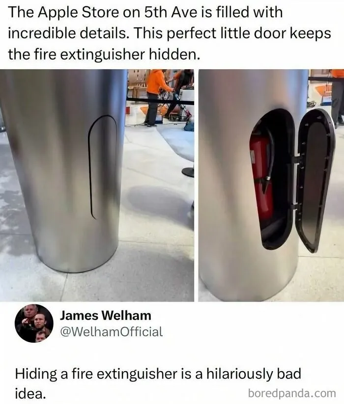 A fire extinguisher hidden inside a sleek metal pillar featured in edgy memes.