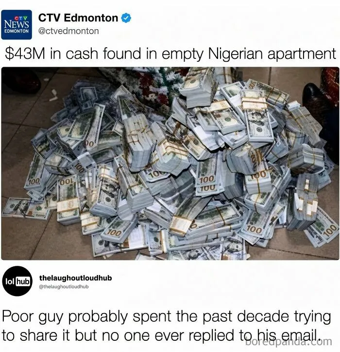 A pile of cash in a Nigerian apartment meme from a series of edgy memes.