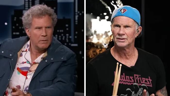 Side-by-side comparison of celebrity lookalikes Will Ferrell and Chad Smith looking ahead.