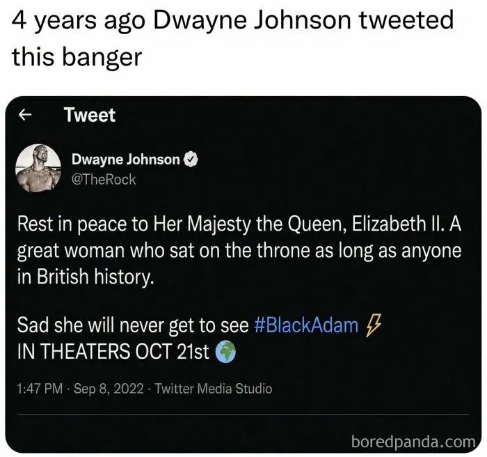 A humorous mock tweet about Dwayne Johnson and Queen Elizabeth, fits edgy memes.