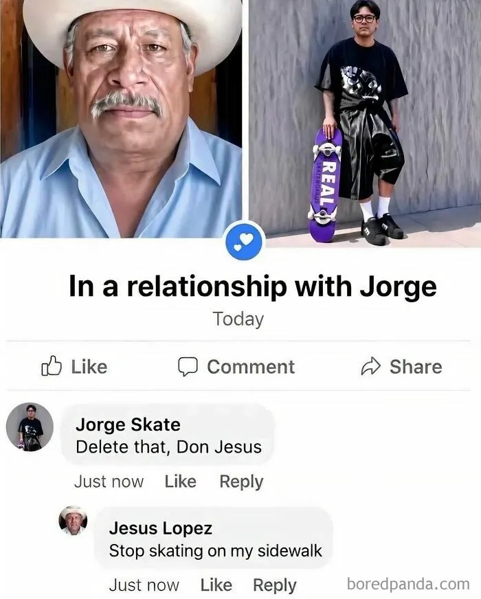 Facebook post screenshot showing a funny feud between an older man and a skater, highlighting edgy memes.