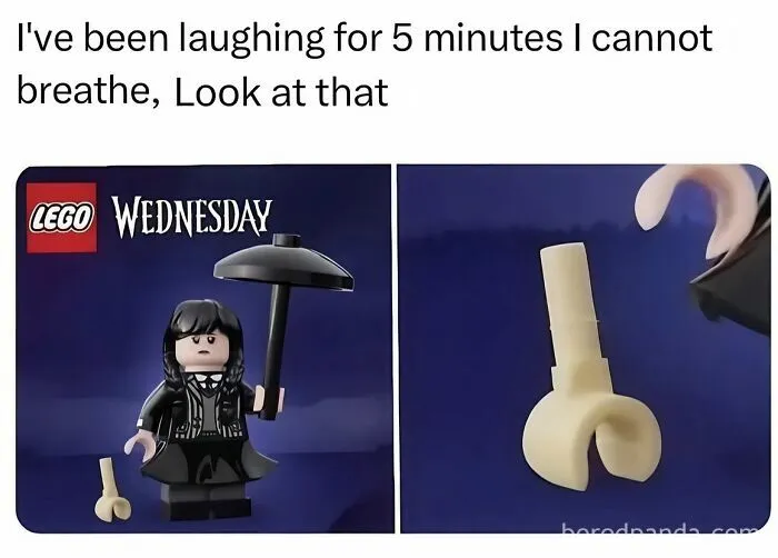An edgy memes image showing a Lego Wednesday figure alongside a disconnected hand piece.