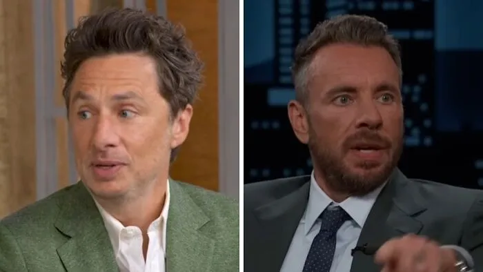 Side-by-side headshots of actor Zach Braff and his celebrity lookalike Dax Shepard talking on shows.