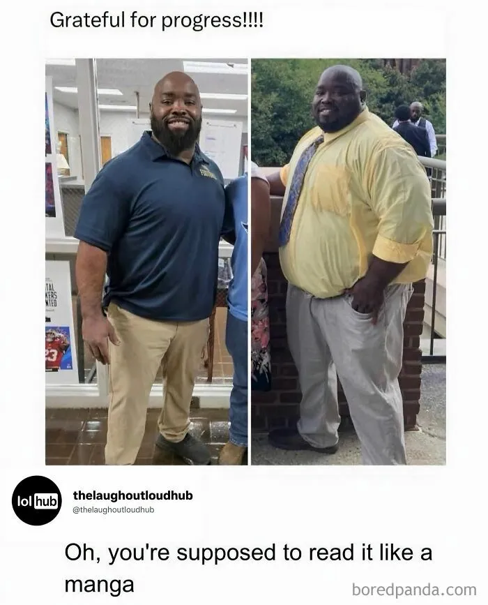 Edgy memes showing a weight loss transformation joke with a side-by-side comparison
