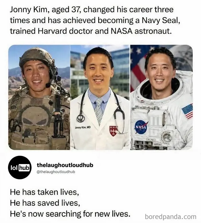Edgy memes showing Jonny Kim career accomplishments as a Navy Seal, doctor, and NASA astronaut