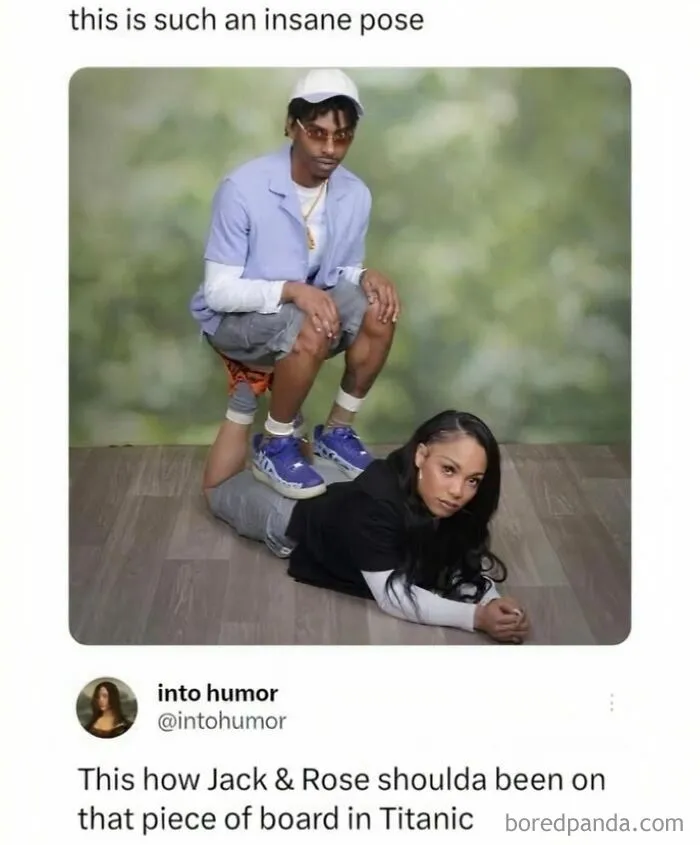 Edgy memes featuring a man crouching on a woman's back in a bizarre studio portrait pose.