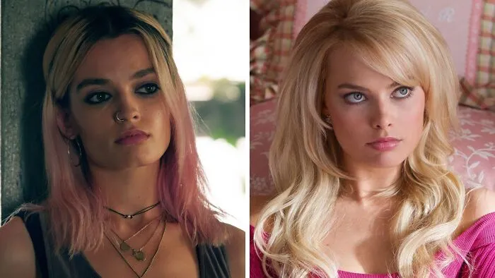 Side-by-side of celebrity lookalikes Emma Mackey and Margot Robbie looking remarkably alike