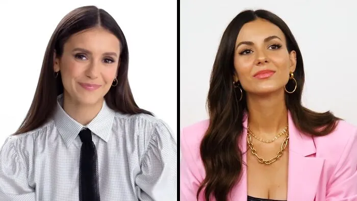Side-by-side comparison of celebrity lookalikes Nina Dobrev and Victoria Justice smiling.
