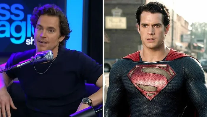 Celebrity lookalikes Matt Bomer in an interview and Henry Cavill as Superman side-by-side