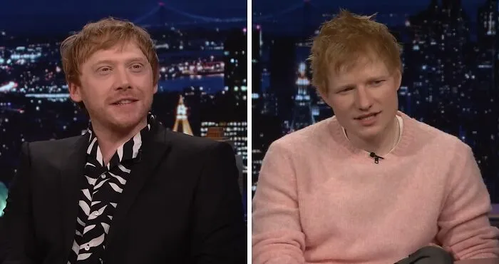 Rupert Grint and Ed Sheeran, famous celebrity lookalikes with red hair, side by side