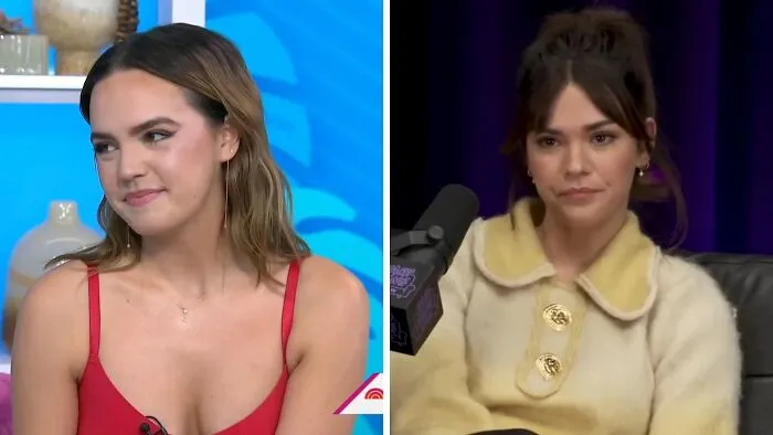 Side-by-side comparison of celebrity lookalikes Bailee Madison and Maia Mitchell.