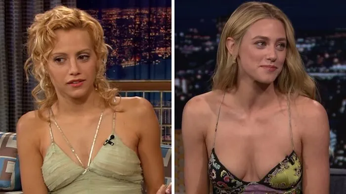 Side-by-side comparison of celebrity lookalikes Brittany Murphy and Lili Reinhart.