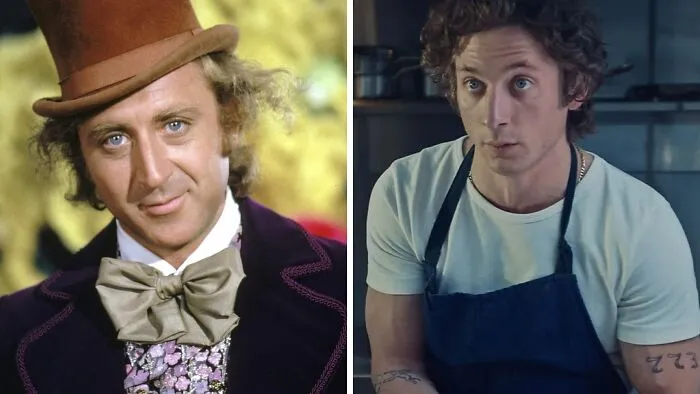 Side-by-side comparison of celebrity lookalikes Gene Wilder and Jeremy Allen White.