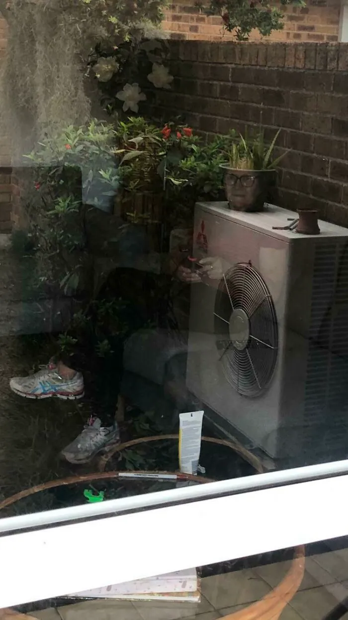 An optical illusion mirror pic showing a potted plant perfectly aligned over an AC unit outside.