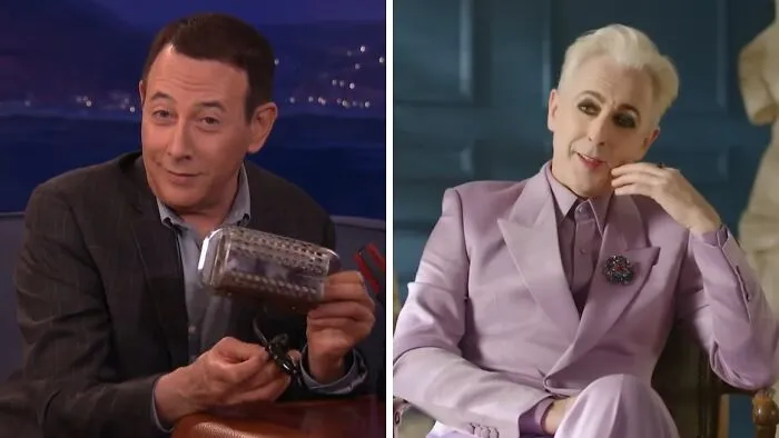 Side-by-side comparison of celebrity lookalikes Paul Reubens and Alan Cumming.