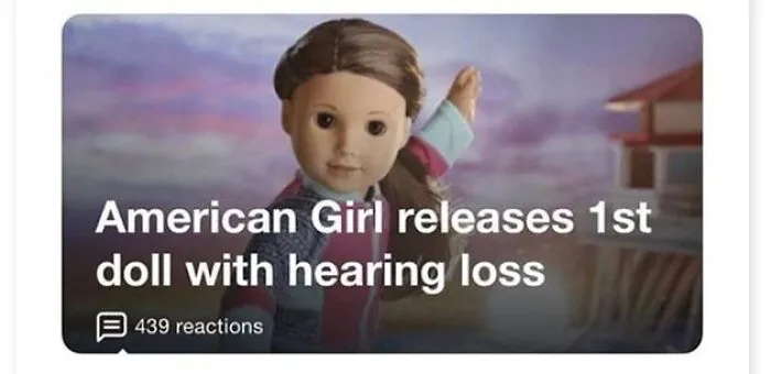 An news preview about an American Girl doll with hearing loss, showing advertising fails