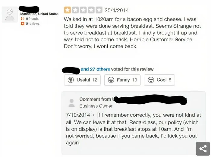 An online restaurant review and owner reply depicting demanding Karen behavior over breakfast hours.