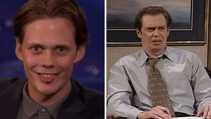 Comparison of celebrity lookalikes Bill Skarsgard with a quirky expression and Steve Buscemi