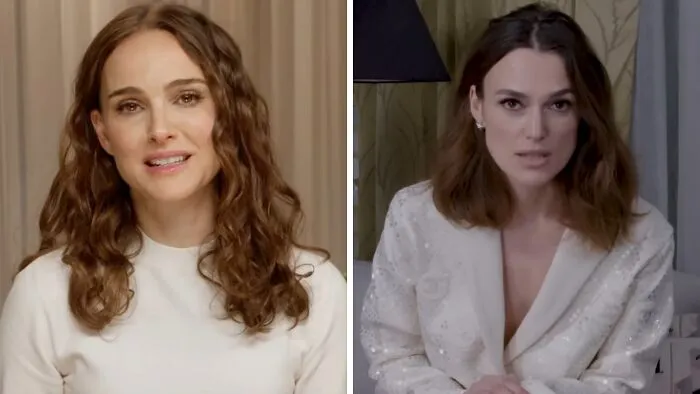 Side-by-side comparison of celebrity lookalikes Natalie Portman and Keira Knightley looking identical