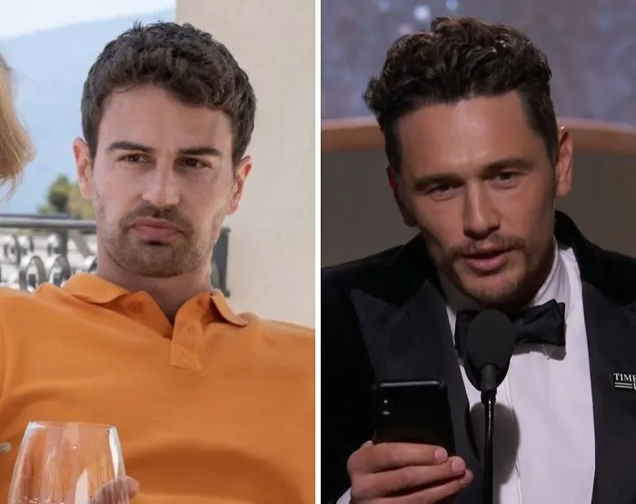 Celebrity lookalikes Theo James in an orange polo and James Franco in a tux looking incredibly similar