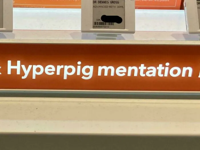 A shelf label in a store showcasing bad letter spacing and typography fails on the word hyperpigmentation.