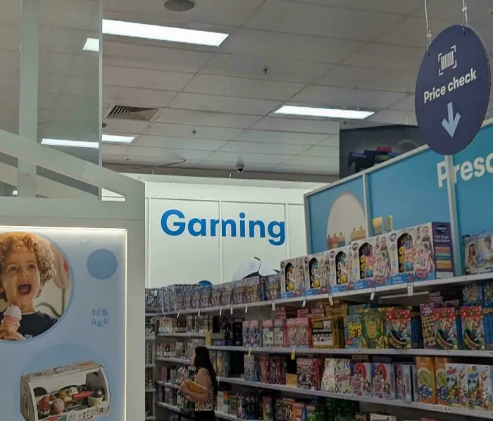 A retail department sign reading Garning instead of Gaming, illustrating funny typography fails.