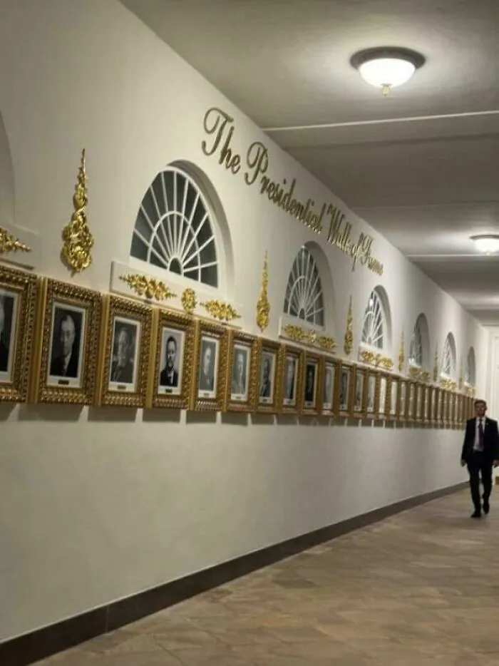 A gold wall sign with poor letter spacing reading The Presidential Walk of Fame, showing typography fails.