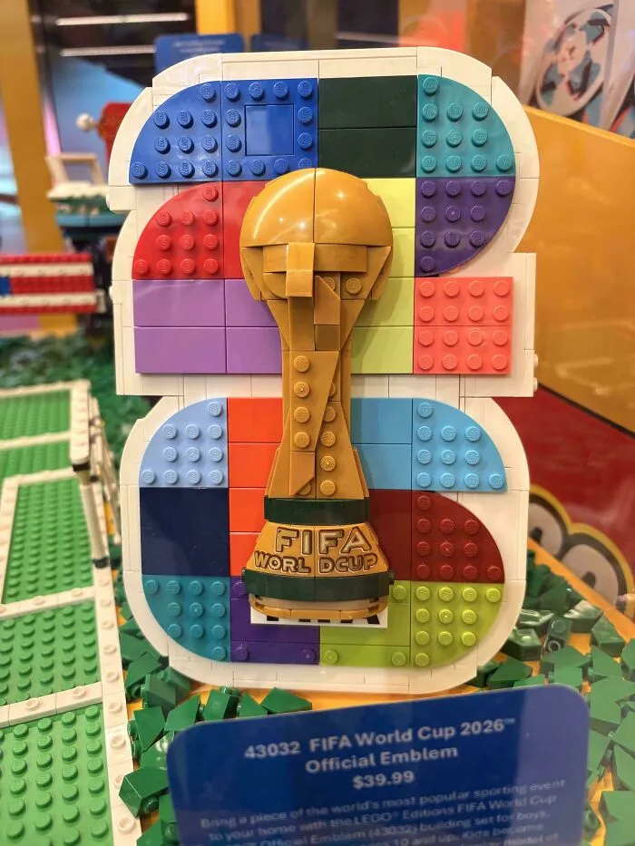 A Lego model showing bad letter spacing in the FIFA World Cup logo as a funny typography fail