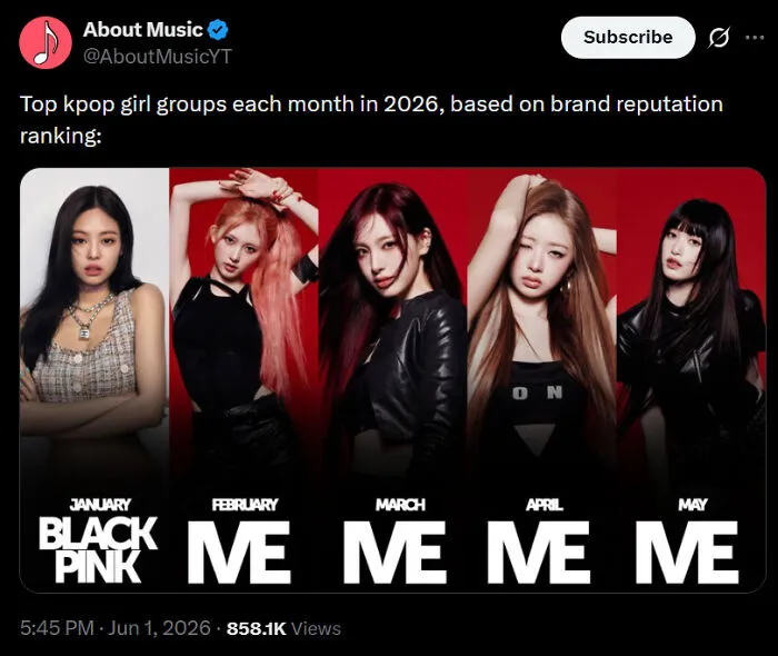 K-pop girl group chart showing a funny letter spacing fail with IVE stylized as ME