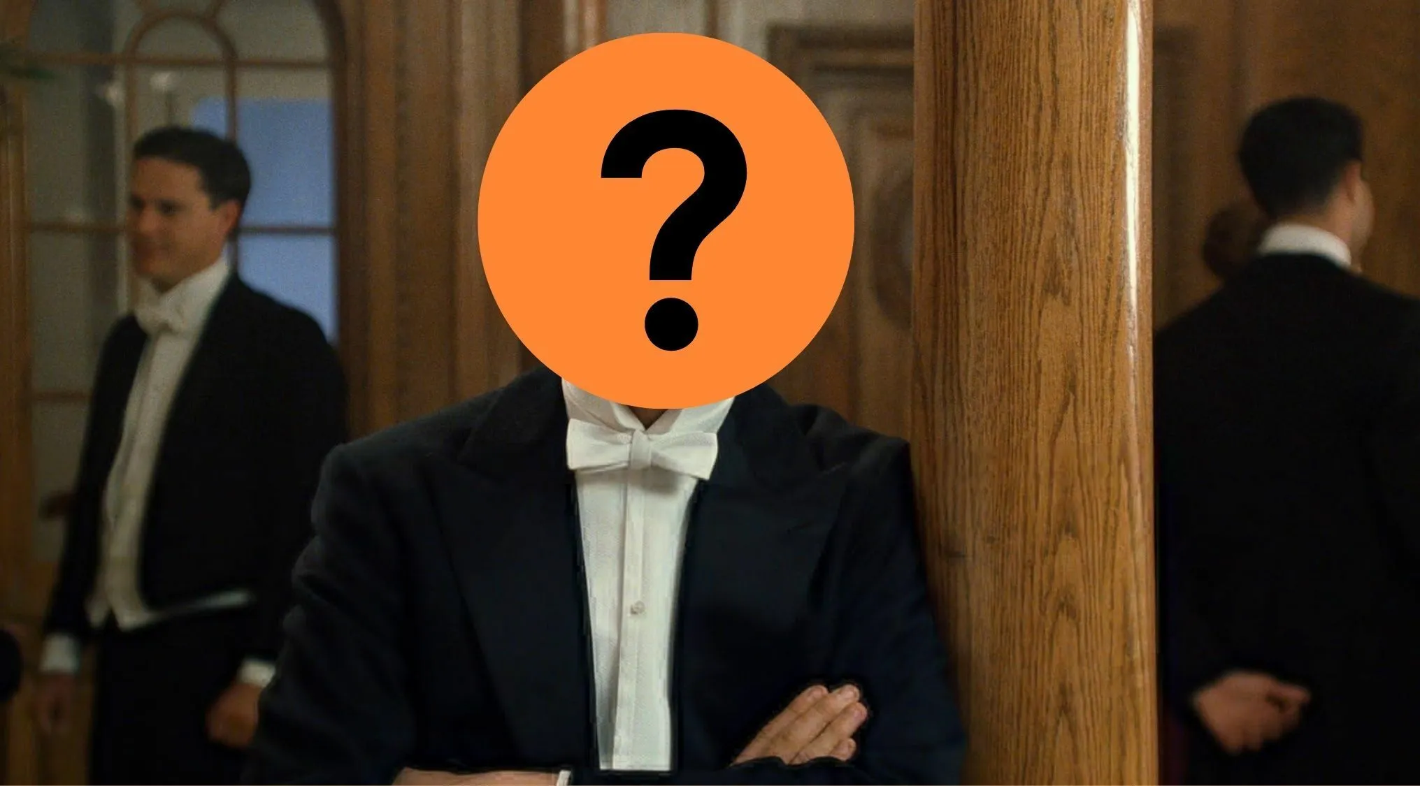 An image of the actor who played Jack Dawson in the movie Titanic, with his face covered by a question mark