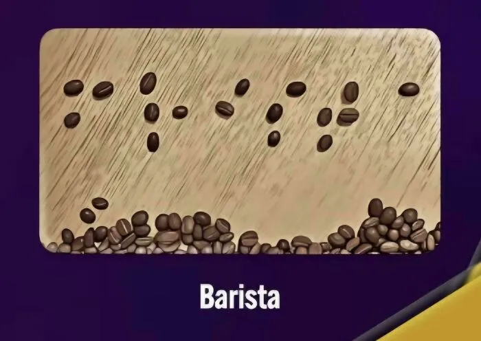 Braille spelling of Barista made of coffee beans on a wooden board showing typography fails