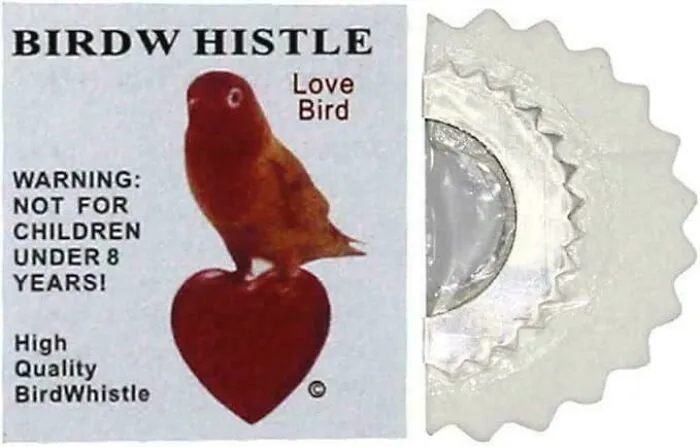 A bird whistle package displaying bad letter spacing that reads as birdw histle