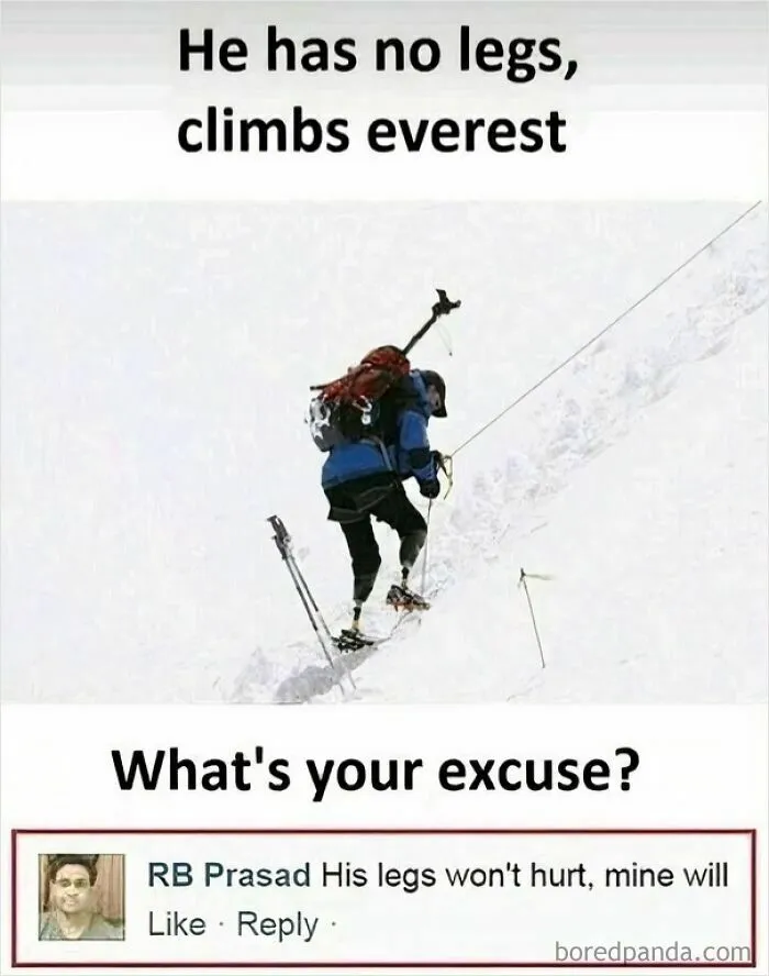 An inspirational image of a climber next to a funny meme response about leg pain from a Twitter user.