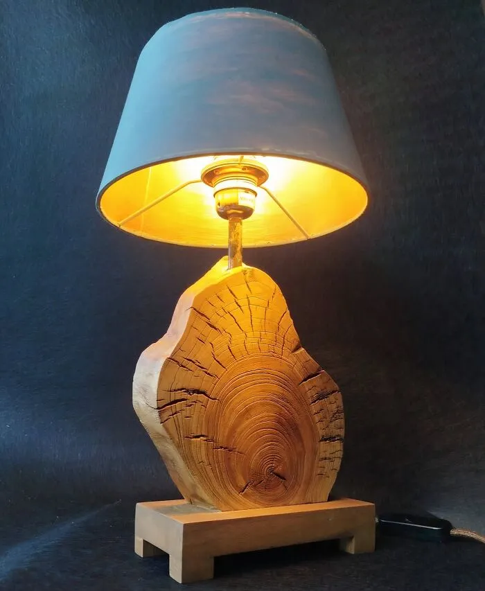 An organic table lamp with a natural wood slice base, representing clever wooden creations in lighting.