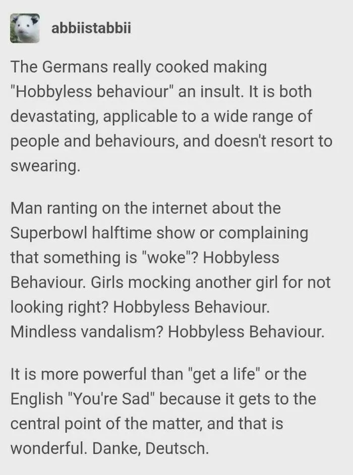 A Tumblr post discussing the German concept of hobbyless behavior as one of many funny and oddly accurate insults.