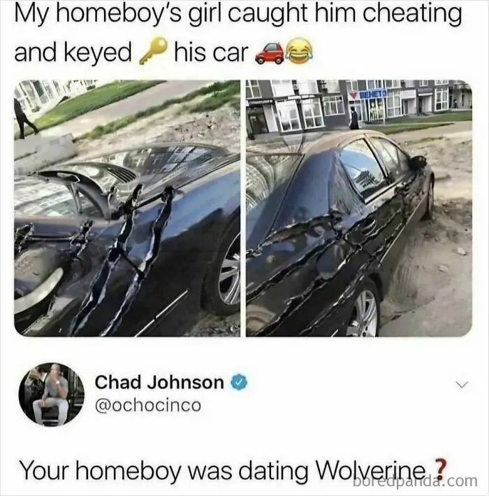 Funny meme about a deeply scratched car with a joke comparing the ex-girlfriend to Wolverine.