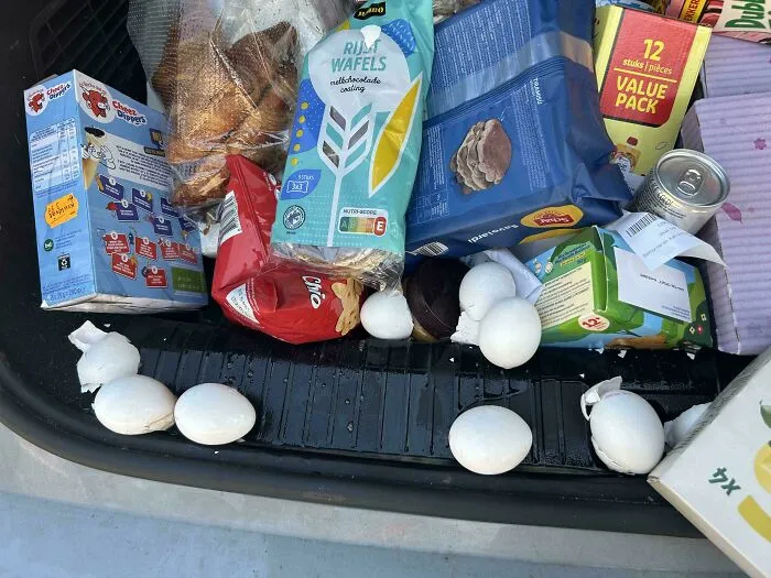 Hit A Bump… The Eggs Broke And I Then Got To Clean Egg Juice Off My Groceries