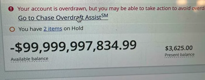 An online banking screen showing a negative balance of nearly ninety-nine million dollars, indicating a questionable decision.