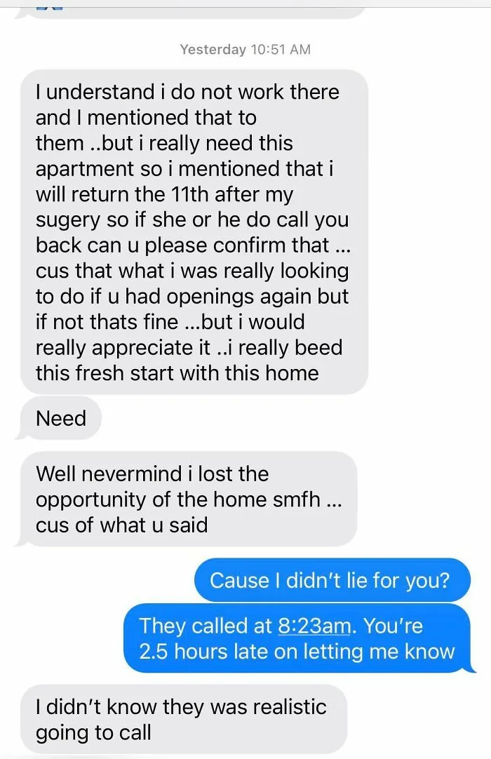 Screenshot of text messages showcasing questionable decisions regarding job references and honesty.