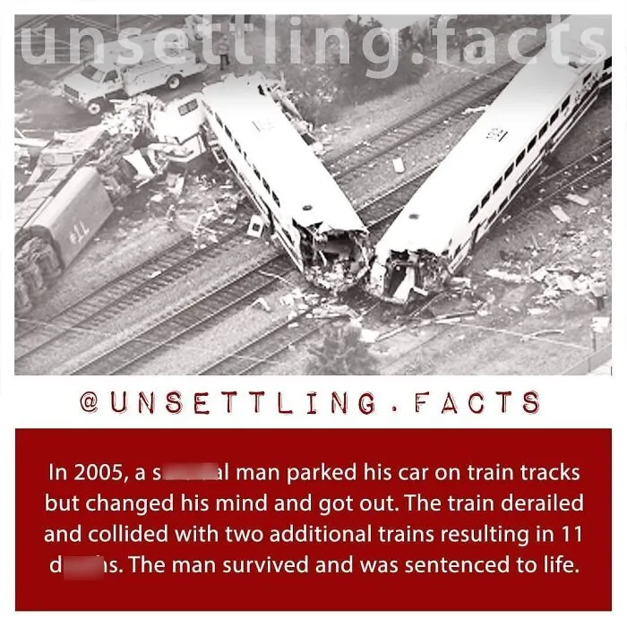 Aerial view of a dramatic three-train crash from a list of creepy and unsettling facts.