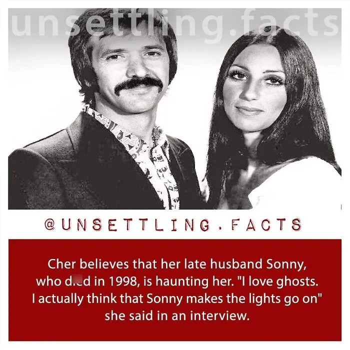 Black and white portrait of Sonny and Cher, paired with creepy and unsettling facts about ghosts.