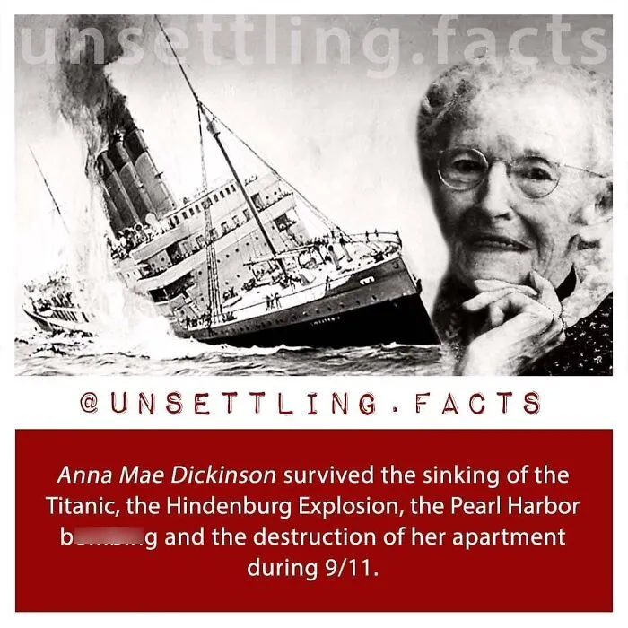 A collage showing a sinking ship and an elderly woman, demonstrating creepy and unsettling facts about survival