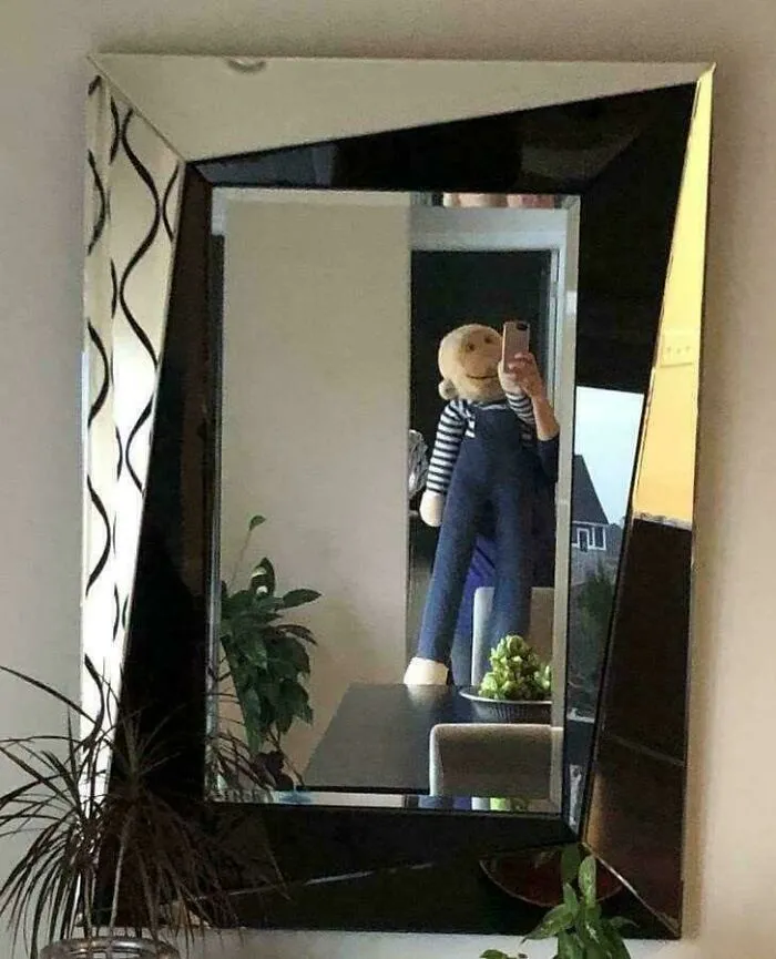 Funny mirror pics showing a stuffed monkey held up to take a selfie.