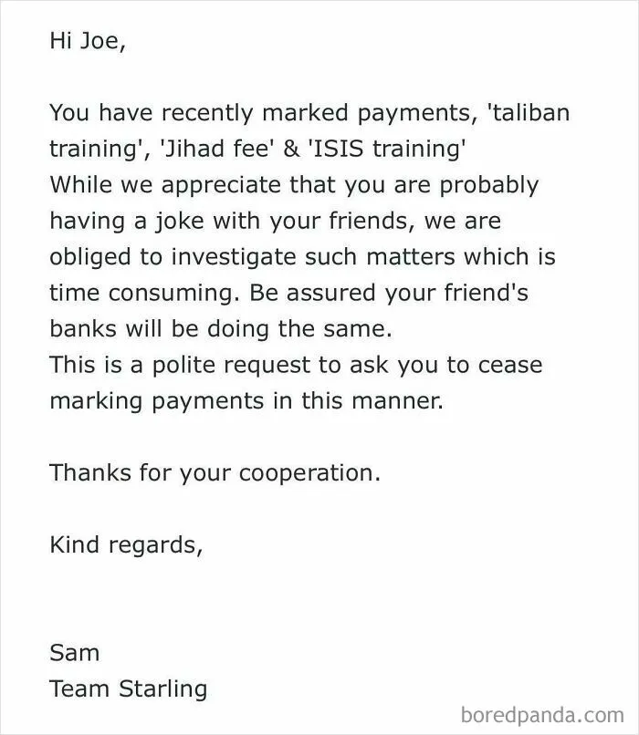 A formal warning letter to Joe about his questionable payment marking decisions