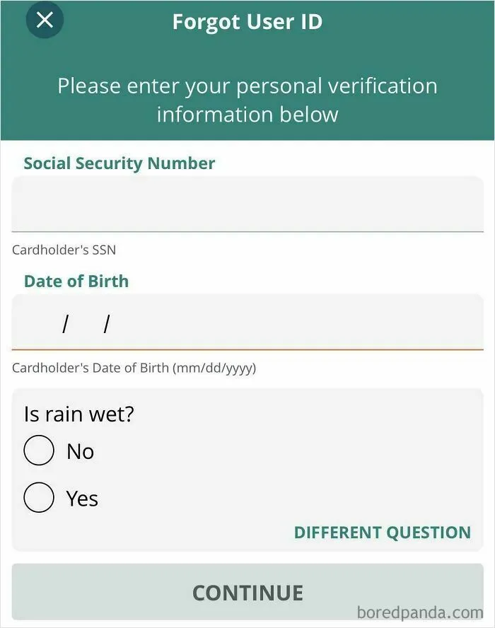 A verification screen asking Is rain wet? under questionable decisions