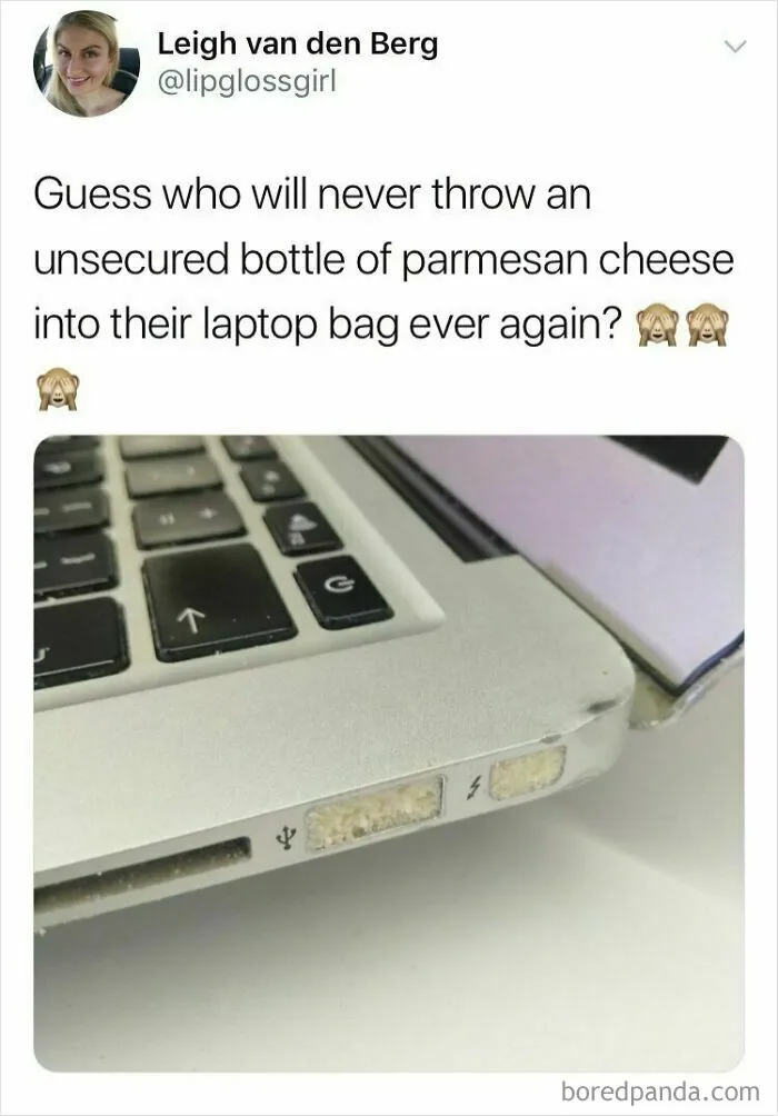 A laptop with parmesan cheese stuck inside the USB ports, showing questionable decisions when packing